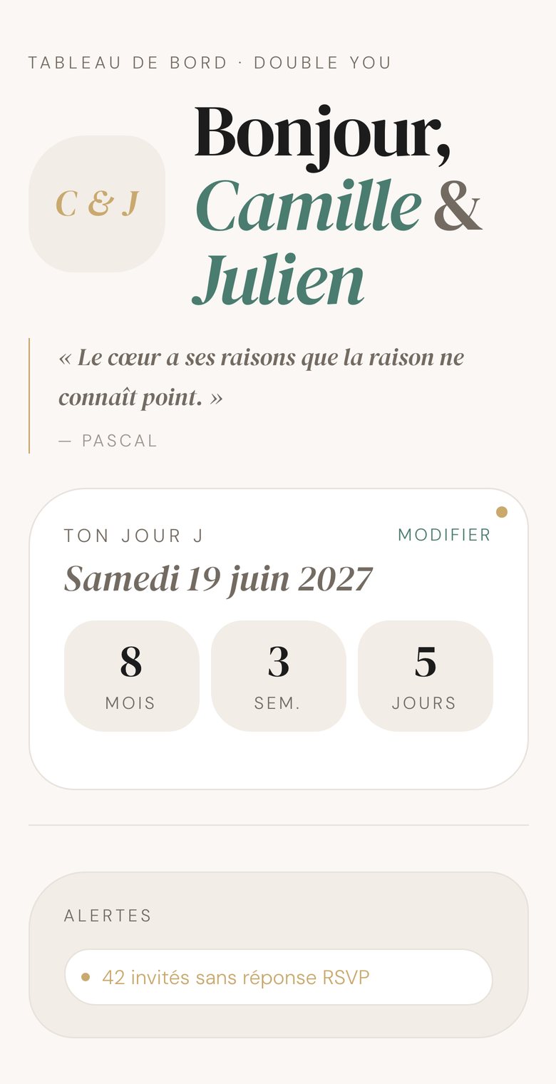 Vue d'ensemble de l'app : Bonjour Camille et Julien, Jour J le samedi 19 juin 2027, dans 8 mois.