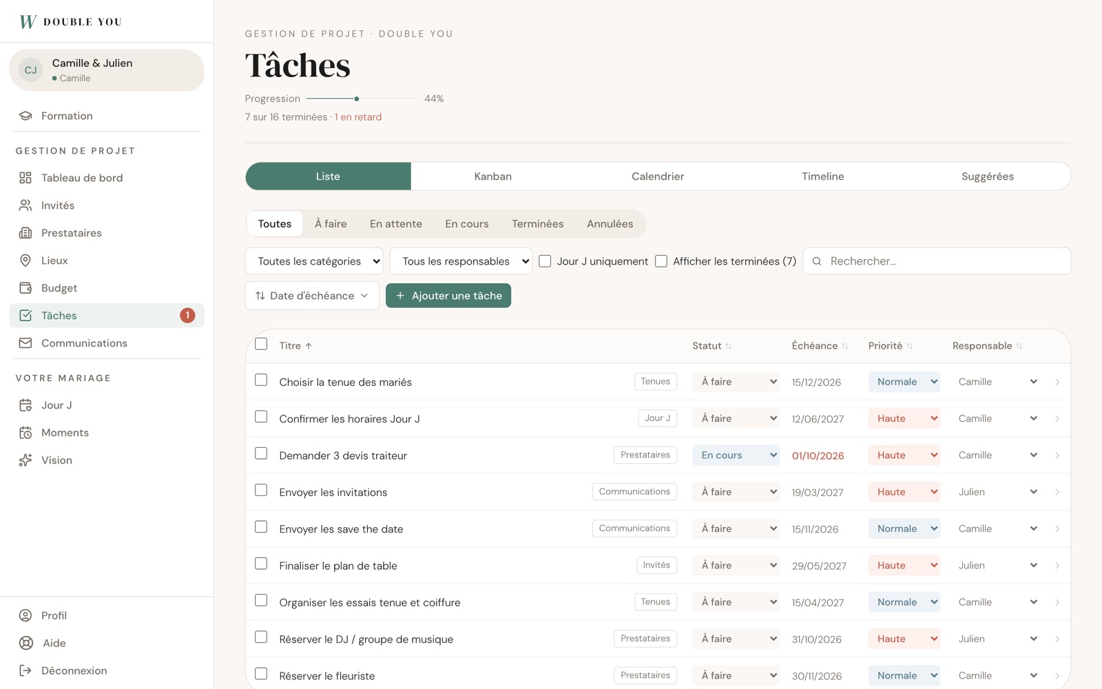 Page Tâches à l'ordinateur : 7 sur 16 terminées, 44 %