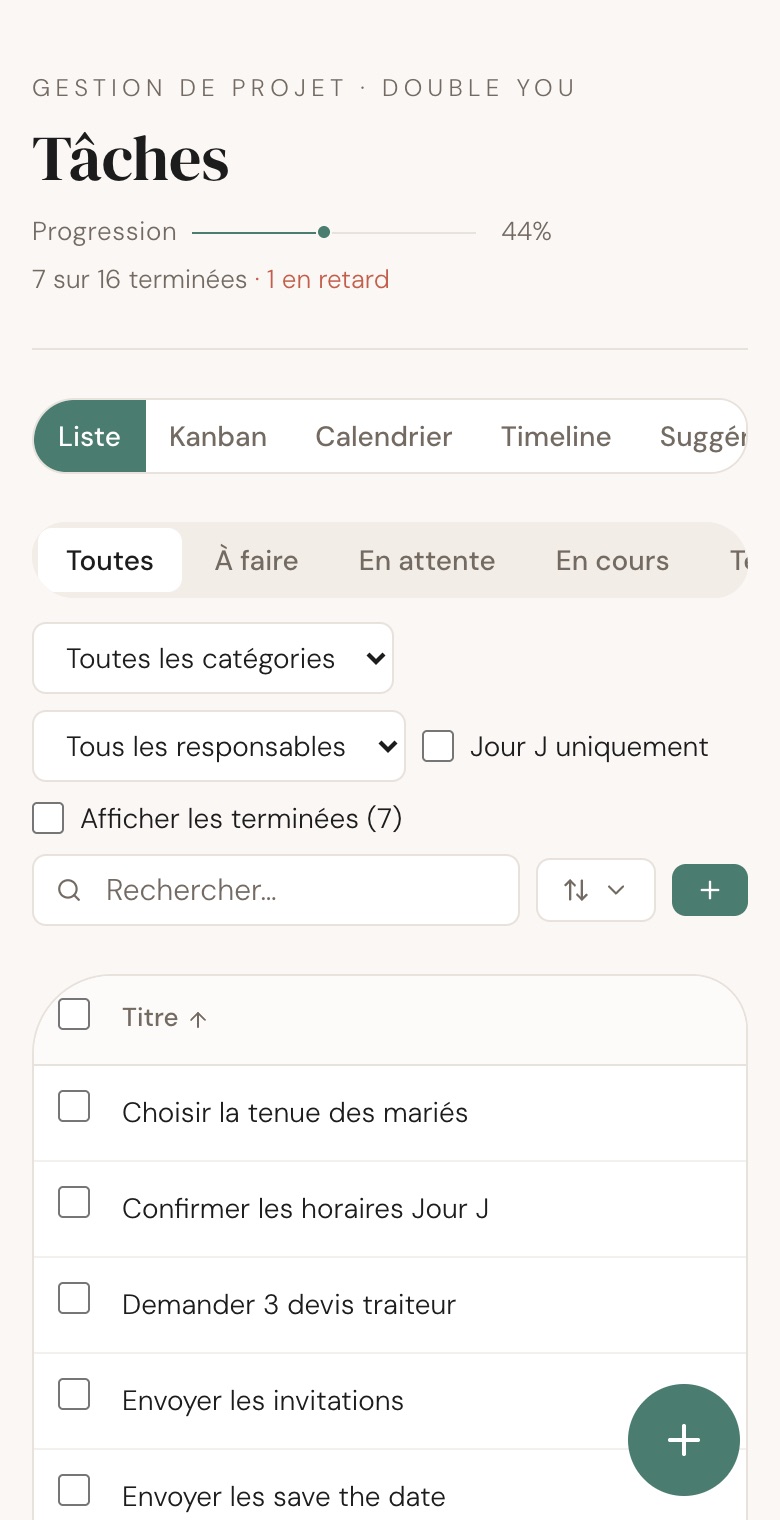 Page Tâches au téléphone : 7 sur 16 terminées, 44 %